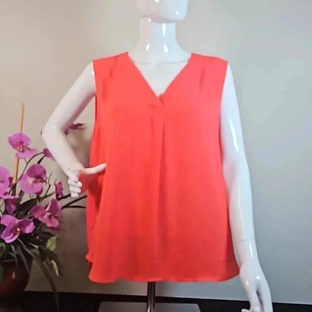 Ann Taylor Petite XL Vibrant Coral V Neck Pleated Sleeveless Blouse Relaxed Fit